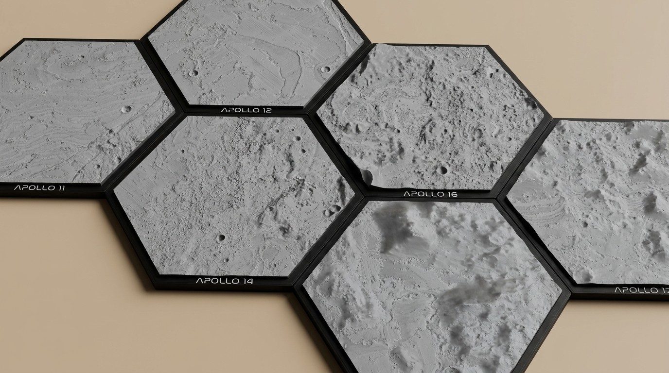 A photo of six printed hexagon Moon ornaments of the Apollo landing sites laid edge to edge, grey lunar terrain on black frames