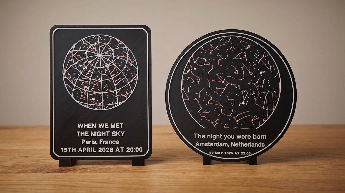 Two StellarMesh star chart plates on small black desk stands: a rounded rectangle with a coordinate grid and copper constellation lines, lettered When we met, The night sky, Paris, France, 15th April 2026 at 20:00, and a round plate lettered The night you were born, Amsterdam, Netherlands, 20 May 2025 at 22:00